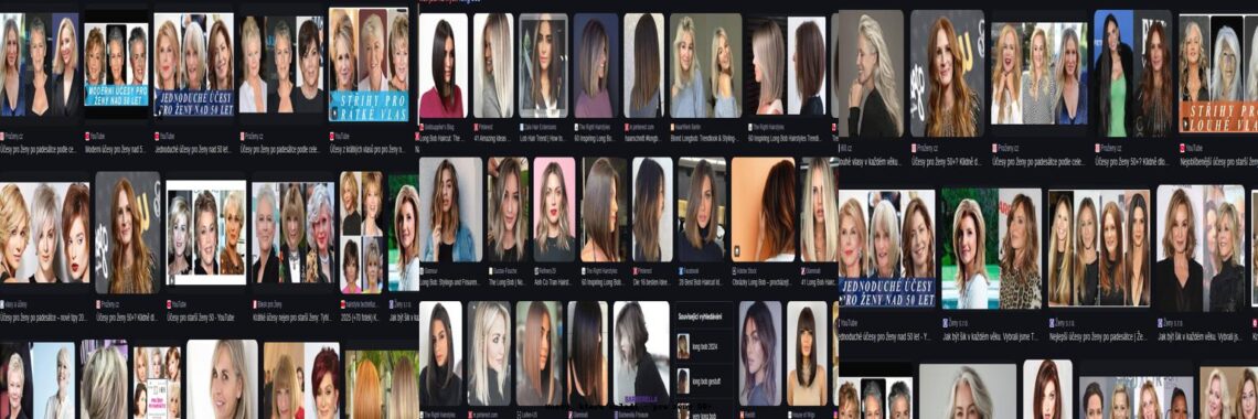 Koláž omlazujících účesů pro ženy 50+. Krátké střihy, long bob a dlouhé vlasy v různých barvách – blond, stříbrné, světle hnědé a měděné. Inspirace pro moderní a elegantní vzhled žen 50+."