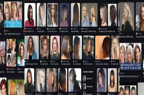 Koláž omlazujících účesů pro ženy 50+. Krátké střihy, long bob a dlouhé vlasy v různých barvách – blond, stříbrné, světle hnědé a měděné. Inspirace pro moderní a elegantní vzhled žen 50+."