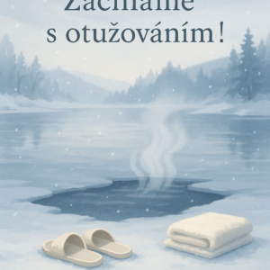 "Zimní krajina s dírou v ledu, ze které stoupá pára. Vedle na sněhu leží pantofle a složený bílý ručník. Nad ledem je nápis 'Začínáme s otužováním!'."