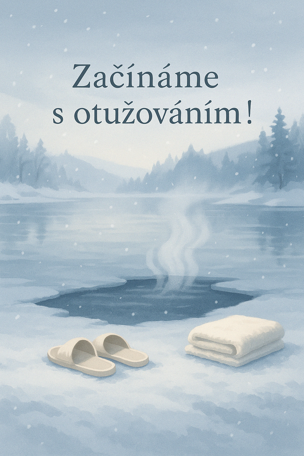 "Zimní krajina s dírou v ledu, ze které stoupá pára. Vedle na sněhu leží pantofle a složený bílý ručník. Nad ledem je nápis 'Začínáme s otužováním!'."