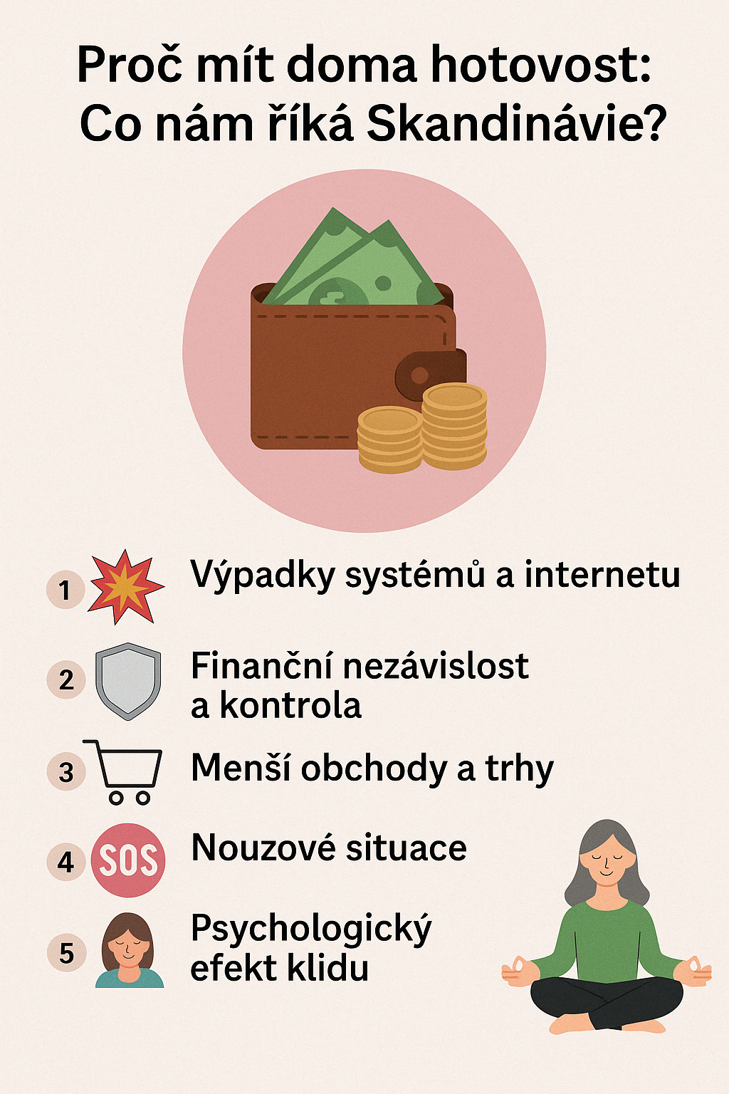 Infografika s názvem Proč mít doma hotovost: Co nám říká Skandinávie? Zobrazuje peněženku s penězi a pět důvodů: výpadky systému, finanční nezávislost, menší obchody, nouzové situace, psychologický efekt klidu.