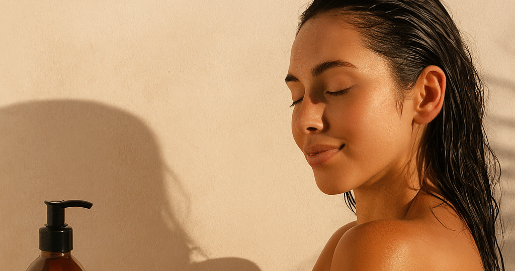 Žena s rozjasněnou pletí a vlhkými vlasy relaxuje po hammam rituálu, obklopená přírodními produkty jako savon noir, ghassoul, med a kessa rukavice.