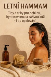 Žena s rozjasněnou pletí a vlhkými vlasy relaxuje po hammam rituálu, obklopená přírodními produkty jako savon noir, ghassoul, med a kessa rukavice.
