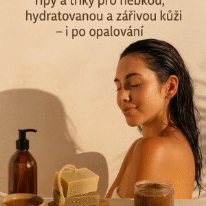 Žena s rozjasněnou pletí a vlhkými vlasy relaxuje po hammam rituálu, obklopená přírodními produkty jako savon noir, ghassoul, med a kessa rukavice.