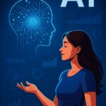 Žena s klidným výrazem komunikuje s umělou inteligencí ve futuristickém prostředí roku 2025. V pozadí jsou grafy, digitální rozhraní a modře svítící AI hlava, která znázorňuje propojení člověka a technologií.“