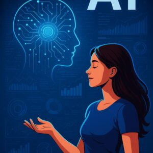 Žena s klidným výrazem komunikuje s umělou inteligencí ve futuristickém prostředí roku 2025. V pozadí jsou grafy, digitální rozhraní a modře svítící AI hlava, která znázorňuje propojení člověka a technologií.“