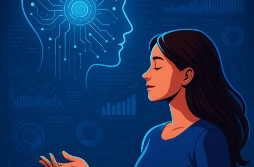 Žena s klidným výrazem komunikuje s umělou inteligencí ve futuristickém prostředí roku 2025. V pozadí jsou grafy, digitální rozhraní a modře svítící AI hlava, která znázorňuje propojení člověka a technologií.“