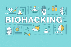 Ilustrace s nápisem BIOHACKING na tyrkysovém pozadí, obklopená ikonami symbolizujícími zdravý životní styl – meditaci, suplementy, mozek, jídlo, pohyb, přírodu a technologie.