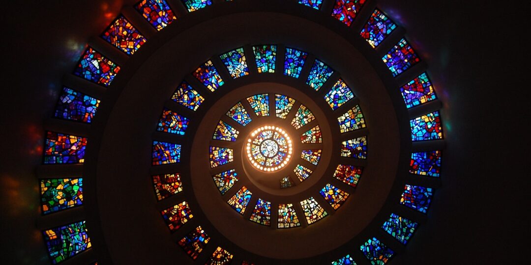 vitráže, spirála, kruh, vzor, sklo, náboženství, vitrážová okna, iluze, barevné, kulaté, kaple