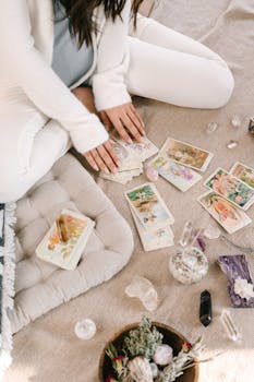 Ale sednout si večer v županu ke svíčce, vyložit tarot a zamyslet se nad tím, kam kráčím, je pro mě mix magie, meditace a zdravého ženského přemýšlení a hlavně boží relax“ Žena sedí se zkříženýma nohama v interiéru, manipuluje s tarotovými kartami a je obklopena krystaly a bylinkami.