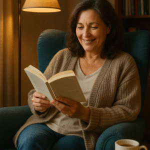 štastna zralá si v křesle čte spokojeně knihu