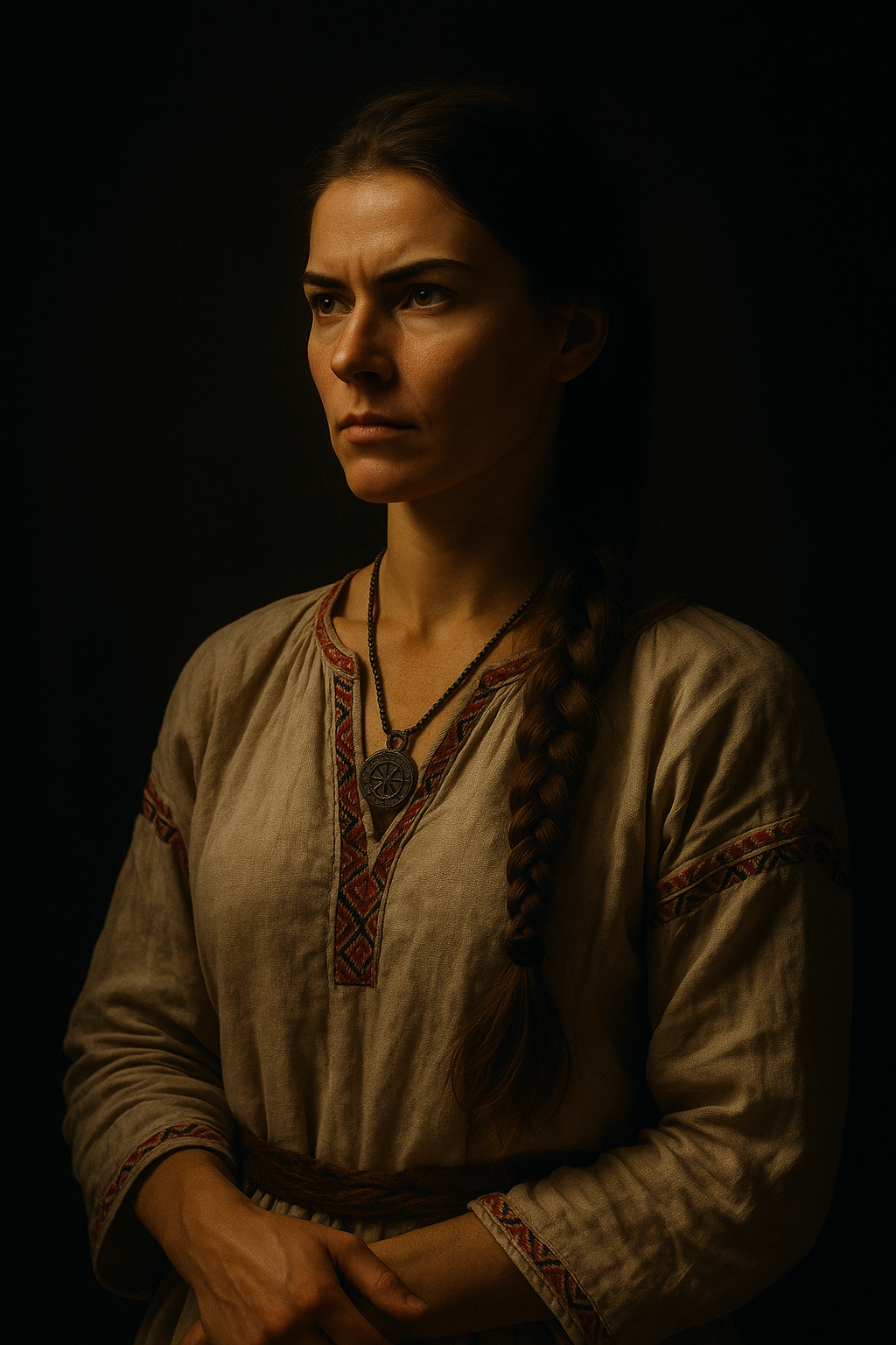 Symbolický portrét – Silueta slovanské ženy v tradičním oděvu (plátěná košile, cop, šperk) v tmavém, dramatickém světle. V očích síla a hrdost, ne smutek.