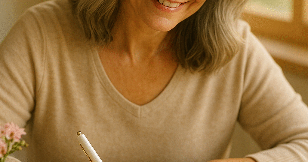 „Žena po padesátce se stříbrnými vlasy píše do svého deníku snů, na stole šálek čaje, krystal a květiny – teplé ranní světlo, pocit klidu a tvoření.“ „Eine Frau über fünfzig mit silbernem Haar schreibt in ihr Traumtagebuch, auf dem Tisch eine Tasse Tee, ein Kristall und Blumen – warmes Morgenlicht, Ruhe und Kreativität.“ „A woman over fifty with silver hair writes in her dream journal, a cup of tea, a crystal and flowers on the table – warm morning light, calm and creativity.“