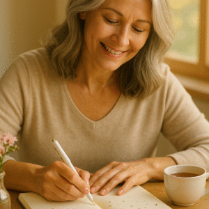 „Žena po padesátce se stříbrnými vlasy píše do svého deníku snů, na stole šálek čaje, krystal a květiny – teplé ranní světlo, pocit klidu a tvoření.“ „Eine Frau über fünfzig mit silbernem Haar schreibt in ihr Traumtagebuch, auf dem Tisch eine Tasse Tee, ein Kristall und Blumen – warmes Morgenlicht, Ruhe und Kreativität.“ „A woman over fifty with silver hair writes in her dream journal, a cup of tea, a crystal and flowers on the table – warm morning light, calm and creativity.“