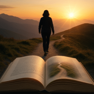 „Silná žena po padesátce kráčí do svítání po horské cestě, symbolizující houževnatost, nový začátek a vytrvalost.“ "A strong woman in her fifties walks toward dawn on a mountain path, symbolizing tenacity, new beginnings, and perseverance."