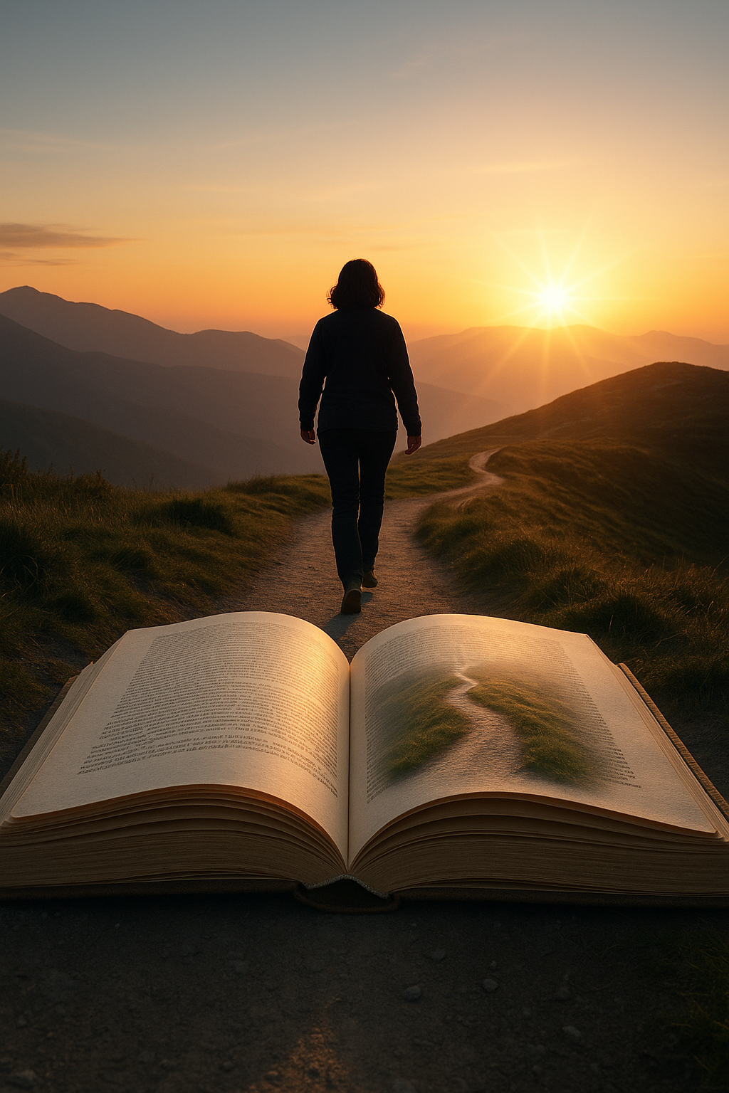 „Silná žena po padesátce kráčí do svítání po horské cestě, symbolizující houževnatost, nový začátek a vytrvalost.“ "A strong woman in her fifties walks toward dawn on a mountain path, symbolizing tenacity, new beginnings, and perseverance."