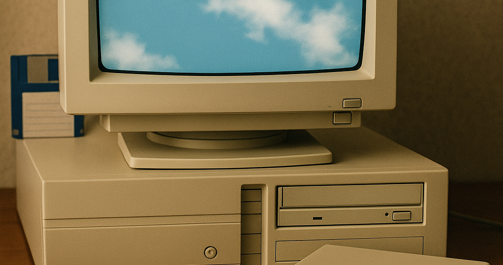 „Retro počítač z 90. let s CRT monitorem, modemem 56k a ikonickými logy Netscape a Yahoo – nostalgie internetu“ "A retro computer from the 90s with a CRT monitor, 56k modem, and iconic Netscape and Yahoo logos – nostalgia for the internet."