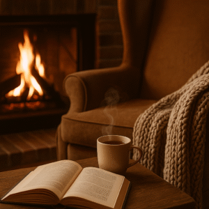 CZ: „Útulný podzimní interiér s krbem, křeslem s pletenou dekou, otevřenou knihou a šálkem čaje na stolku.“ EN: “Cozy autumn interior with a fireplace, an armchair with a knitted blanket, an open book and a cup of tea on the table.” DE: „Gemütliches herbstliches Interieur mit Kamin, Sessel mit gestrickter Decke, offenem Buch und einer Tasse Tee auf dem Tisch.“