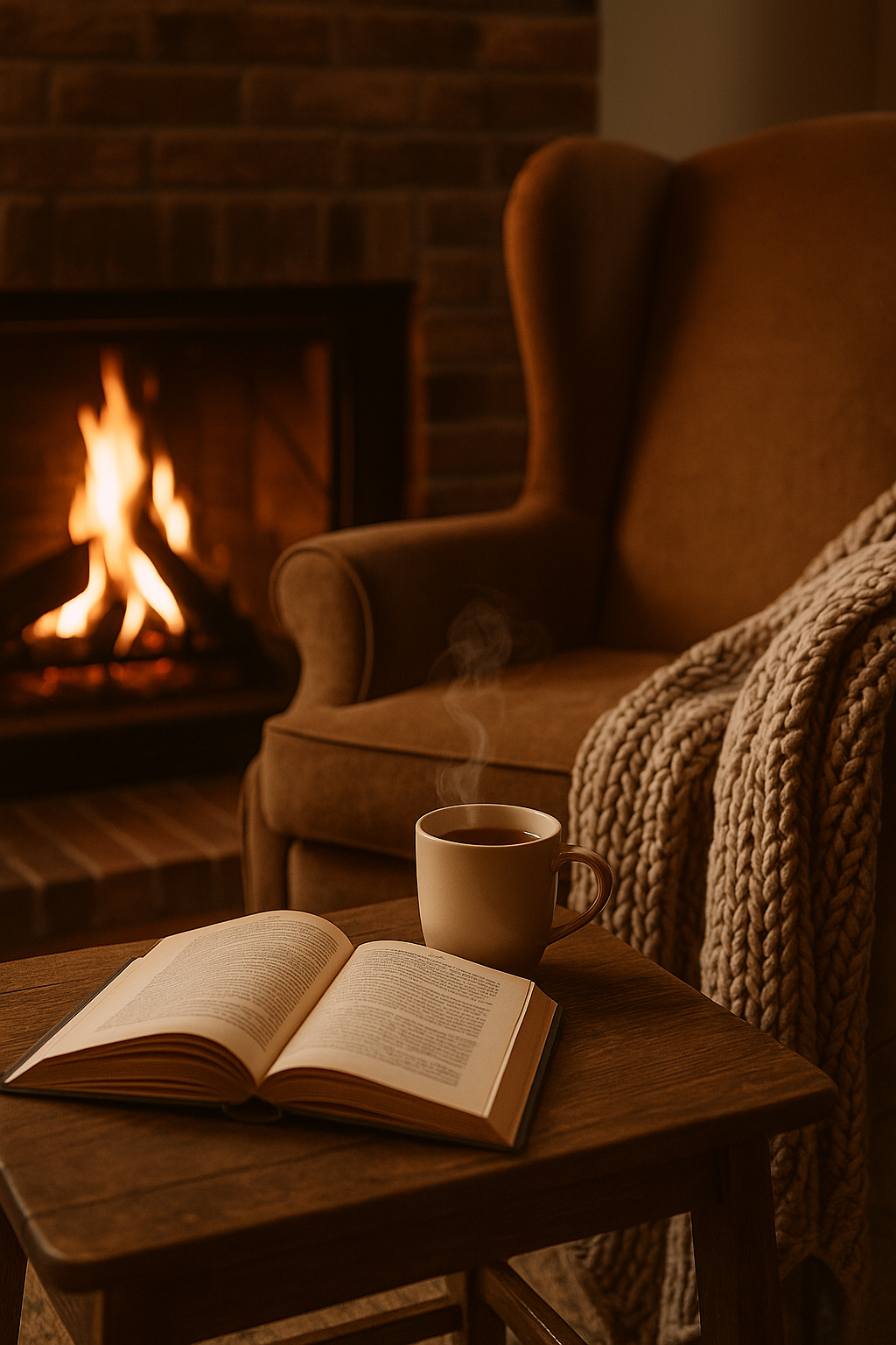 CZ: „Útulný podzimní interiér s krbem, křeslem s pletenou dekou, otevřenou knihou a šálkem čaje na stolku.“ EN: “Cozy autumn interior with a fireplace, an armchair with a knitted blanket, an open book and a cup of tea on the table.” DE: „Gemütliches herbstliches Interieur mit Kamin, Sessel mit gestrickter Decke, offenem Buch und einer Tasse Tee auf dem Tisch.“