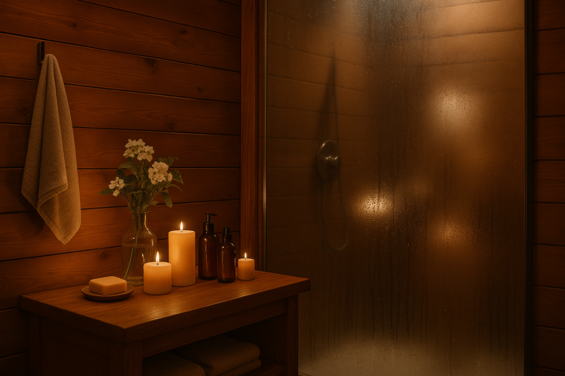 Útulná koupelna s dřevěnými stěnami, zapálenými svíčkami, květinami a zamlženým sprchovým koutem s kapkami vody. Atmosféra relaxace a pohody-A cozy bathroom with wooden walls, lit candles, flowers, and a misty shower with water droplets. An atmosphere of relaxation and well-being.-Ein gemütliches Badezimmer mit Holzwänden, brennenden Kerzen, Blumen und einer beschlagenen Duschkabine mit Wassertropfen. Eine Atmosphäre der Entspannung und des Wohlbefindens.