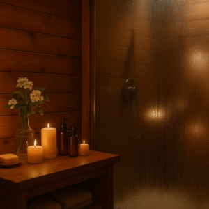 Útulná koupelna s dřevěnými stěnami, zapálenými svíčkami, květinami a zamlženým sprchovým koutem s kapkami vody. Atmosféra relaxace a pohody-A cozy bathroom with wooden walls, lit candles, flowers, and a misty shower with water droplets. An atmosphere of relaxation and well-being.-Ein gemütliches Badezimmer mit Holzwänden, brennenden Kerzen, Blumen und einer beschlagenen Duschkabine mit Wassertropfen. Eine Atmosphäre der Entspannung und des Wohlbefindens.