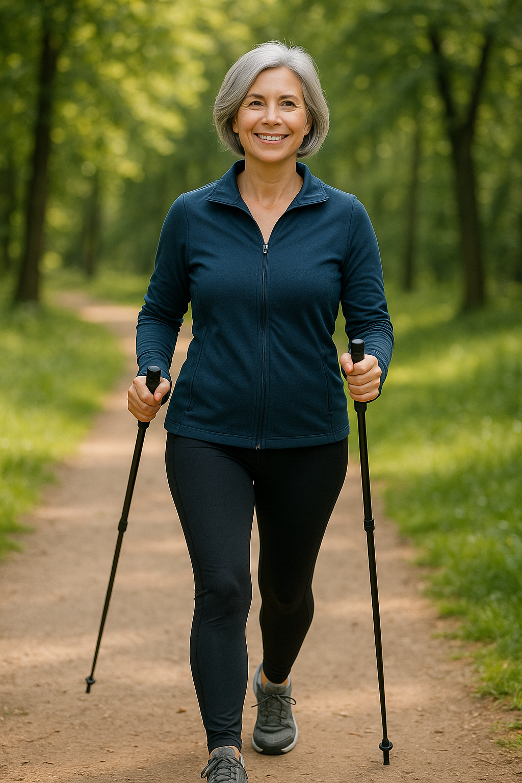 „Aktivní žena po padesátce se stříbrnými vlasy jde svižnou chůzí s trekovými holemi lesní stezkou – zdravý pohyb šetrný ke kloubům.“ "An active woman in her fifties with silver hair walks briskly along a forest trail with trekking poles – healthy exercise that is easy on the joints."