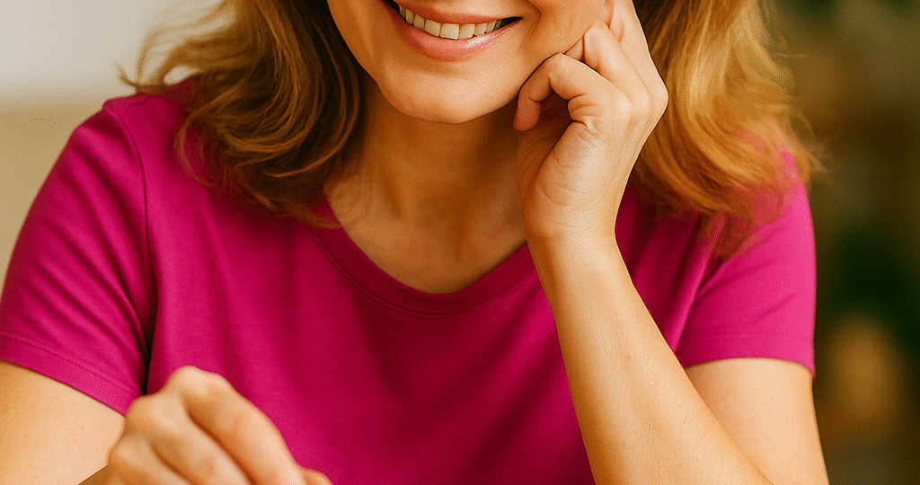 CZ: „Usměvavá žena po čtyřicítce hraje šachy u stolu, barevná a veselá atmosféra.“ EN: “Smiling woman in her 40s playing chess at a table, colorful and cheerful atmosphere.” DE: „Lächelnde Frau über 40 spielt Schach an einem Tisch, farbenfrohe und fröhliche Atmosphäre.“