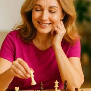 CZ: „Usměvavá žena po čtyřicítce hraje šachy u stolu, barevná a veselá atmosféra.“ EN: “Smiling woman in her 40s playing chess at a table, colorful and cheerful atmosphere.” DE: „Lächelnde Frau über 40 spielt Schach an einem Tisch, farbenfrohe und fröhliche Atmosphäre.“