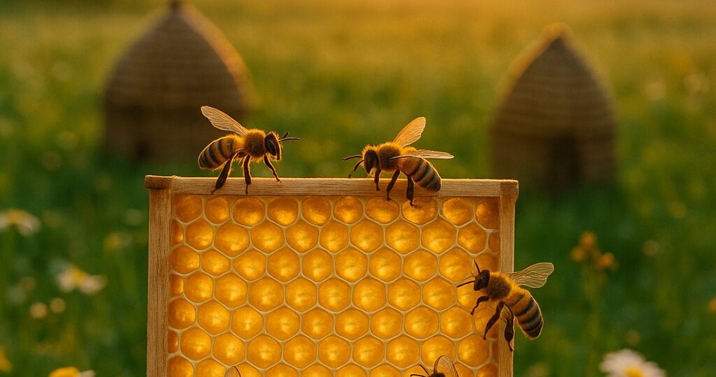 „Detail plástve medu se včelami při východu slunce na rozkvetlé louce, v pozadí jsou starodávné slaměné úly.“"Detail of a honeycomb with bees at sunrise in a flowering meadow, with ancient straw beehives in the background." „Detail einer Wabe mit Bienen bei Sonnenaufgang auf einer blühenden Wiese, im Hintergrund alte Strohbeuten.“