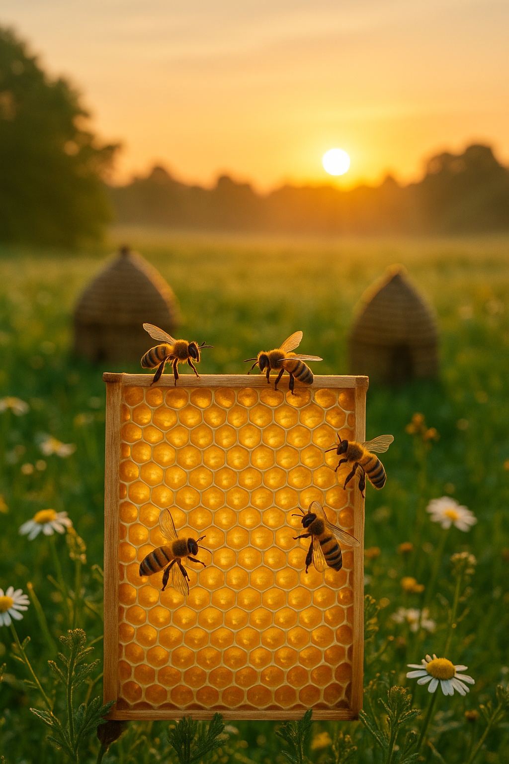 „Detail plástve medu se včelami při východu slunce na rozkvetlé louce, v pozadí jsou starodávné slaměné úly.“"Detail of a honeycomb with bees at sunrise in a flowering meadow, with ancient straw beehives in the background." „Detail einer Wabe mit Bienen bei Sonnenaufgang auf einer blühenden Wiese, im Hintergrund alte Strohbeuten.“