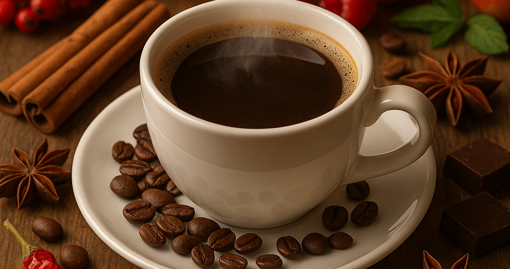 CZ: „Šálek kouřící kávy na dřevěném stole obklopený kořením, ovocem a podzimními ingrediencemi – skořice, badyán, kávová zrna, chilli, med, citrusy, maliny, jablka, čokoláda a dýně.“ EN: “A steaming cup of coffee on a wooden table surrounded by spices, fruits and autumn ingredients – cinnamon, star anise, coffee beans, chili, honey, citrus slices, raspberries, apples, chocolate and pumpkin.” DE: „Eine dampfende Tasse Kaffee auf einem Holztisch, umgeben von Gewürzen, Früchten und herbstlichen Zutaten – Zimt, Sternanis, Kaffeebohnen, Chili, Honig, Zitrusfrüchte, Himbeeren, Äpfel, Schokolade und Kürbis.“