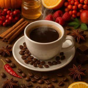 CZ: „Šálek kouřící kávy na dřevěném stole obklopený kořením, ovocem a podzimními ingrediencemi – skořice, badyán, kávová zrna, chilli, med, citrusy, maliny, jablka, čokoláda a dýně.“ EN: “A steaming cup of coffee on a wooden table surrounded by spices, fruits and autumn ingredients – cinnamon, star anise, coffee beans, chili, honey, citrus slices, raspberries, apples, chocolate and pumpkin.” DE: „Eine dampfende Tasse Kaffee auf einem Holztisch, umgeben von Gewürzen, Früchten und herbstlichen Zutaten – Zimt, Sternanis, Kaffeebohnen, Chili, Honig, Zitrusfrüchte, Himbeeren, Äpfel, Schokolade und Kürbis.“