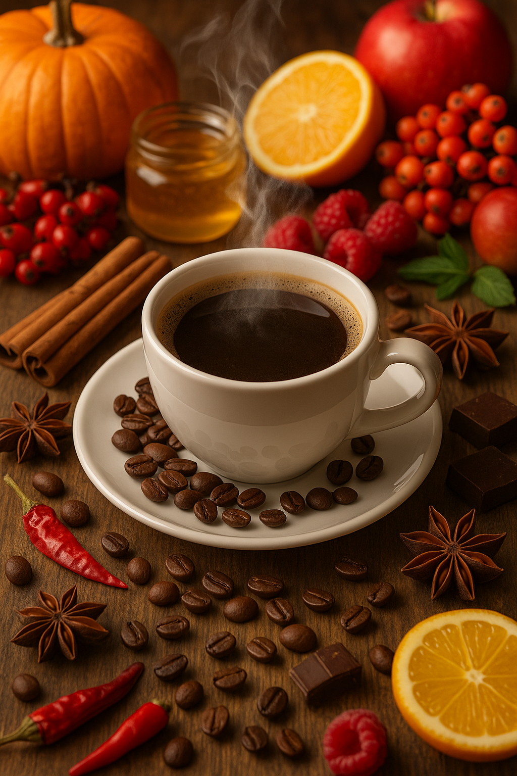 CZ: „Šálek kouřící kávy na dřevěném stole obklopený kořením, ovocem a podzimními ingrediencemi – skořice, badyán, kávová zrna, chilli, med, citrusy, maliny, jablka, čokoláda a dýně.“ EN: “A steaming cup of coffee on a wooden table surrounded by spices, fruits and autumn ingredients – cinnamon, star anise, coffee beans, chili, honey, citrus slices, raspberries, apples, chocolate and pumpkin.” DE: „Eine dampfende Tasse Kaffee auf einem Holztisch, umgeben von Gewürzen, Früchten und herbstlichen Zutaten – Zimt, Sternanis, Kaffeebohnen, Chili, Honig, Zitrusfrüchte, Himbeeren, Äpfel, Schokolade und Kürbis.“