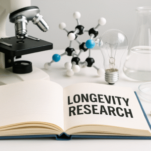 Fotografie laboratorního stolu s mikroskopem, molekulovým modelem, laboratorním sklem a otevřenou knihou s nápisem Longevity Research – výzkum dlouhověkosti“- Photo of a laboratory table with a microscope, molecular model, laboratory glassware, and an open book with the title "Longevity Research."