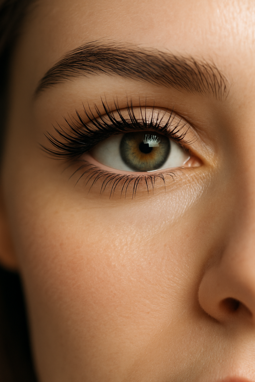 Detailní pohled na ženské oko se zelenohnědou duhovkou a hustými, přirozeně vypadajícími řasami – symbol zdravých řas po padesátce.“ „Close-up of a woman’s eye with a green-brown iris and thick, naturally looking eyelashes – symbol of healthy lashes after fifty.“ „Detailaufnahme eines weiblichen Auges mit grün-brauner Iris und dichten, natürlich aussehenden Wimpern – Symbol für gesunde Wimpern nach fünfzig.“