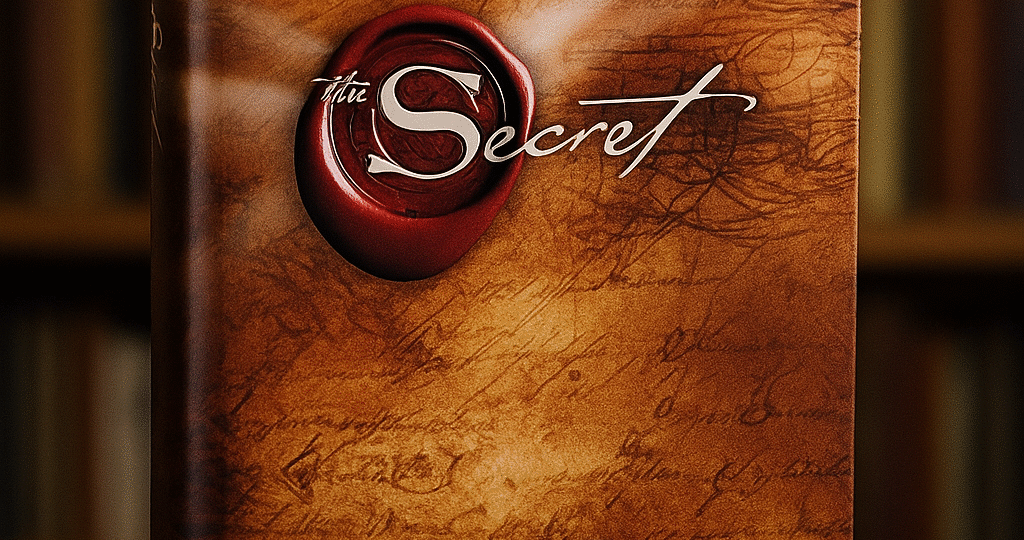 CZ: „Detailní fotografie knihy Tajemství (The Secret) od Rhondy Byrne stojící na dřevěném stole před rozostřenou knihovnou.“ EN: “Close-up photograph of the book The Secret by Rhonda Byrne standing on a wooden table in front of a blurred bookshelf.” DE: „Detailfotografie des Buches The Secret von Rhonda Byrne, das auf einem Holztisch vor einem unscharfen Bücherregal steht.“