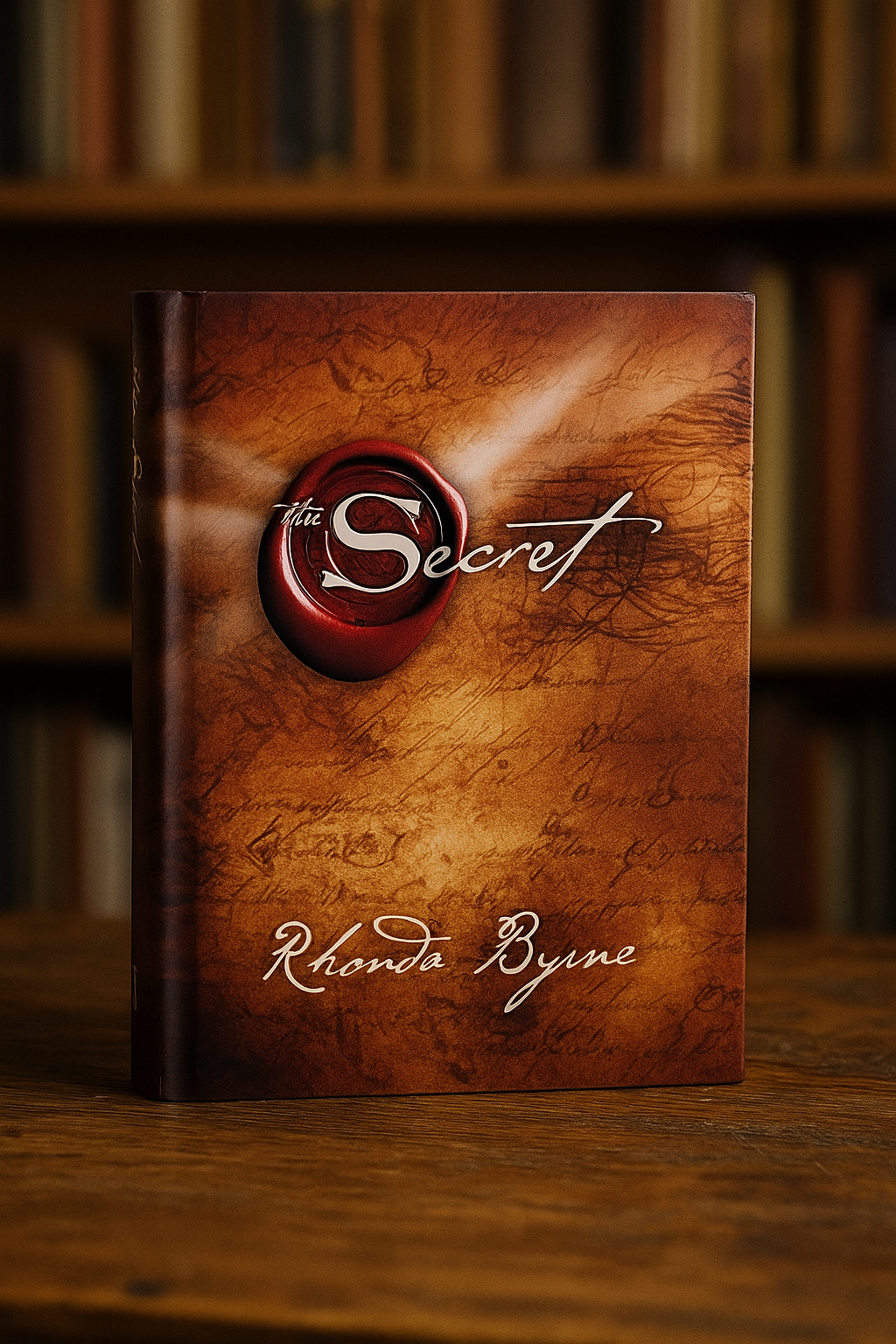 CZ: „Detailní fotografie knihy Tajemství (The Secret) od Rhondy Byrne stojící na dřevěném stole před rozostřenou knihovnou.“ EN: “Close-up photograph of the book The Secret by Rhonda Byrne standing on a wooden table in front of a blurred bookshelf.” DE: „Detailfotografie des Buches The Secret von Rhonda Byrne, das auf einem Holztisch vor einem unscharfen Bücherregal steht.“