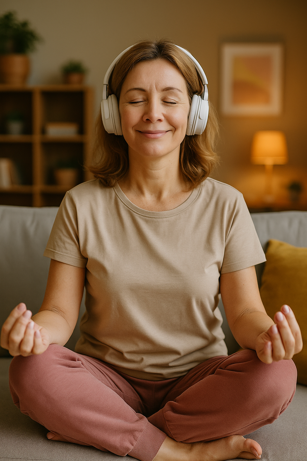 CZ: „Žena po čtyřicítce sedí v meditační poloze se sluchátky na uších a jemně se usmívá, fotorealistická scéna s veselou atmosférou.“ EN: “Woman in her 40s sitting in a meditation pose with headphones on, smiling gently, photorealistic scene with cheerful atmosphere.” DE: „Frau über 40 sitzt in Meditationshaltung mit Kopfhörern auf, lächelt sanft, fotorealistische Szene mit fröhlicher Atmosphäre.“