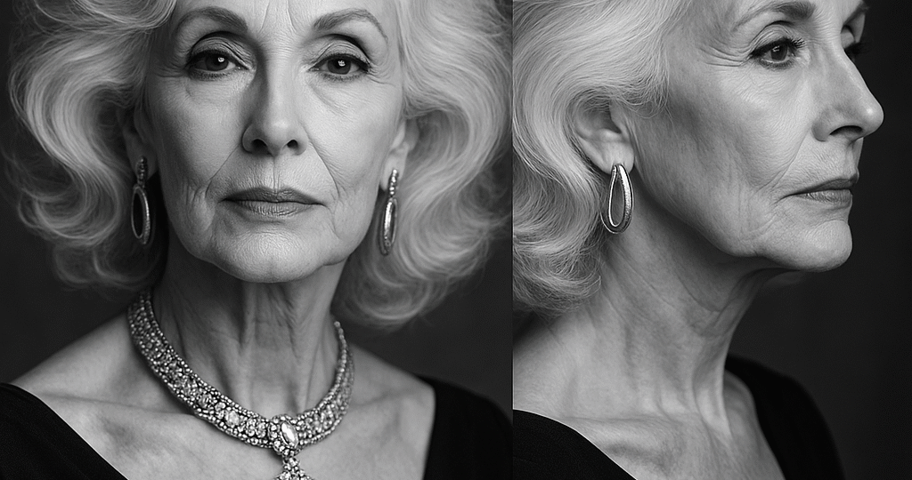 „Černobílý portrét elegantní starší ženy s přirozeně šedými vlasy, luxusními šperky a výrazným pohledem – oslnivá krása a sebevědomí“ "A black-and-white portrait of an elegant older woman with naturally gray hair, luxurious jewelry, and a striking gaze—dazzling beauty and confidence."