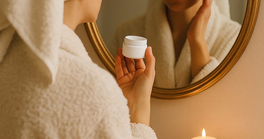 CZ: „Žena v huňatém županu s ručníkem jako turbanem na hlavě před zrcadlem, drží krém a kolem hoří svíčky – útulná podzimní atmosféra.“ EN: “Woman in a fluffy bathrobe with a towel wrapped as a turban on her head standing in front of a mirror, holding a cream jar with candles glowing around – cozy autumn atmosphere.” DE: „Frau im flauschigen Bademantel mit einem als Turban gewickelten Handtuch auf dem Kopf vor einem Spiegel, hält eine Cremedose, umgeben von brennenden Kerzen – gemütliche Herbstatmosphäre.“