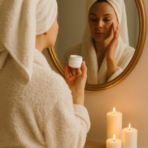 CZ: „Žena v huňatém županu s ručníkem jako turbanem na hlavě před zrcadlem, drží krém a kolem hoří svíčky – útulná podzimní atmosféra.“ EN: “Woman in a fluffy bathrobe with a towel wrapped as a turban on her head standing in front of a mirror, holding a cream jar with candles glowing around – cozy autumn atmosphere.” DE: „Frau im flauschigen Bademantel mit einem als Turban gewickelten Handtuch auf dem Kopf vor einem Spiegel, hält eine Cremedose, umgeben von brennenden Kerzen – gemütliche Herbstatmosphäre.“