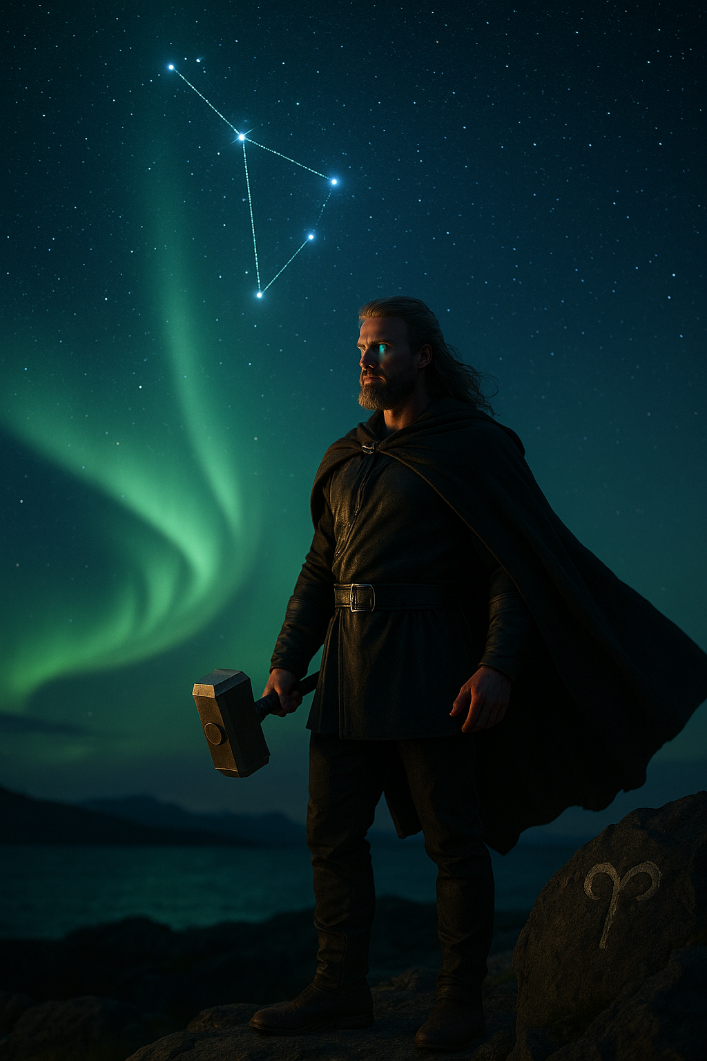 „Thor s kladivem Mjöllnirem stojí na skále pod polární září, nad ním září souhvězdí Berana – spojení astrologie a severské mytologie.“ „Thor mit seinem Hammer Mjöllnir steht auf einem Felsen unter dem Nordlicht, über ihm strahlt das Sternbild Widder – eine Verbindung von Astrologie und nordischer Mythologie.“ "Thor stands on a rock beneath the northern lights with his hammer Mjöllnir, above him shines the constellation Aries – a combination of astrology and Norse mythology."