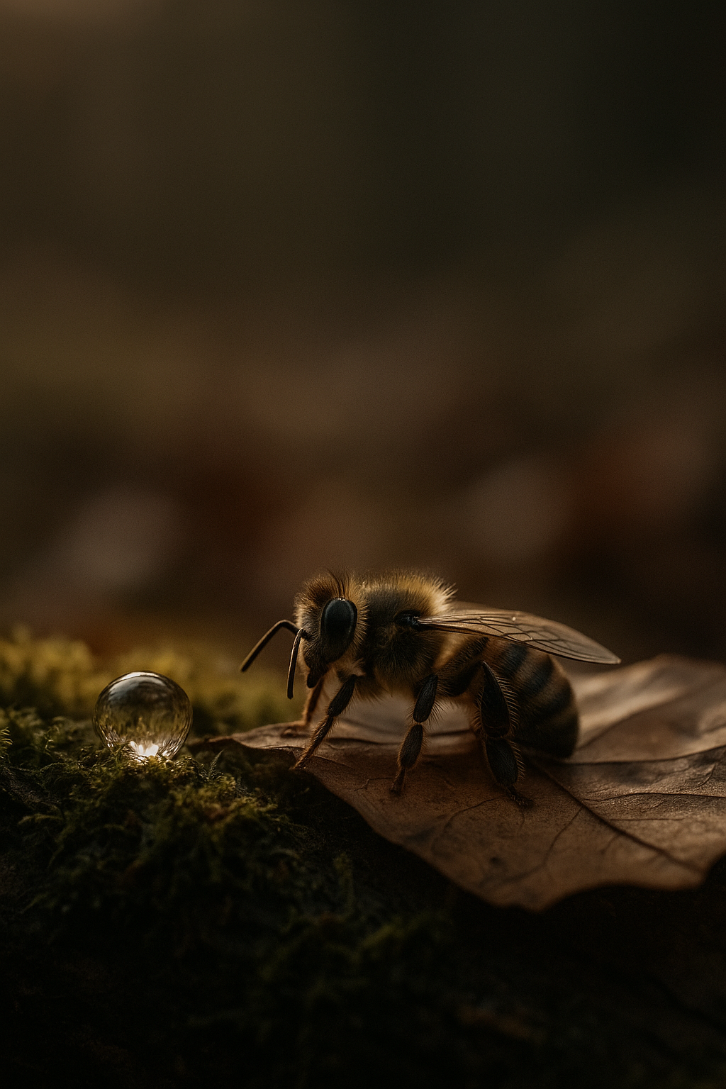 CZ: Detailní záběr na včelu odpočívající na suchém podzimním listu pokrytém mechem. Vedle ní se leskne kapka rosy v měkkém světle, které zvýrazňuje tichou, melancholickou atmosféru lesa. EN: A close-up of a honeybee resting on a dry autumn leaf covered with moss. Beside her, a dewdrop glows softly in the warm light, capturing the quiet, melancholic beauty of the forest. DE: Eine Nahaufnahme einer Biene, die auf einem trockenen Herbstblatt auf Moos ruht. Neben ihr glänzt ein Tautropfen im sanften Licht – eine stille, melancholische Waldszene.