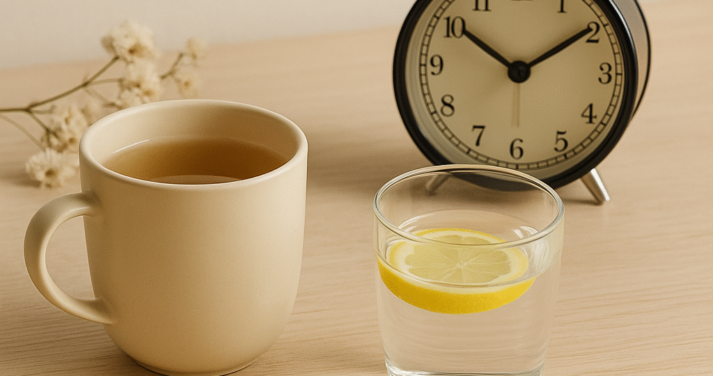 „Minimalistické ráno ženy 50+ – hrnek čaje, voda s citronem, deník a budík jako symbol klidu, rovnováhy a vědomého půstu.“ „Minimalistischer Morgen einer Frau über 50 – eine Tasse Tee, Wasser mit Zitrone, Tagebuch und Wecker als Symbol für Ruhe, Ausgeglichenheit und bewusstes Fasten.“ ‘Minimalist morning for women over 50 – a cup of tea, water with lemon, a diary and an alarm clock as symbols of calm, balance and conscious fasting.’