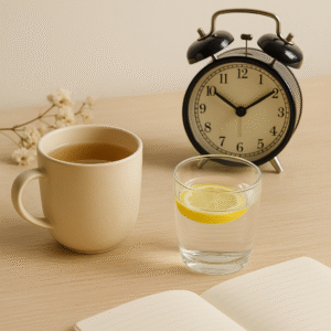 „Minimalistické ráno ženy 50+ – hrnek čaje, voda s citronem, deník a budík jako symbol klidu, rovnováhy a vědomého půstu.“ „Minimalistischer Morgen einer Frau über 50 – eine Tasse Tee, Wasser mit Zitrone, Tagebuch und Wecker als Symbol für Ruhe, Ausgeglichenheit und bewusstes Fasten.“ ‘Minimalist morning for women over 50 – a cup of tea, water with lemon, a diary and an alarm clock as symbols of calm, balance and conscious fasting.’