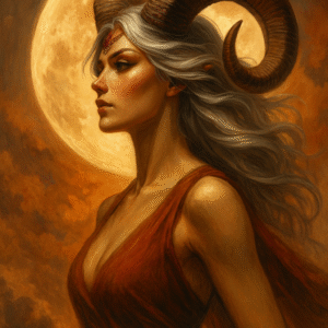 Žena ve znamení Berana s rohy, jdoucí vpřed v podzimní záři úplňku. Symbol odvahy, síly a ženské energie. A woman under the sign of Aries with horns, walking forward in the autumn glow of the full moon. A symbol of courage, strength, and feminine energy. Eine Frau im Zeichen des Widders mit Hörnern, die im Herbstglanz des Vollmonds voranschreitet. Ein Symbol für Mut, Kraft und weibliche Energie.