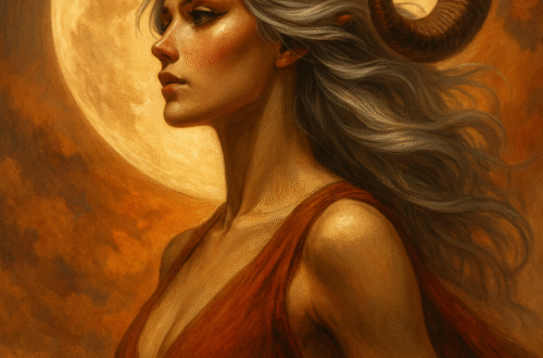 Žena ve znamení Berana s rohy, jdoucí vpřed v podzimní záři úplňku. Symbol odvahy, síly a ženské energie. A woman under the sign of Aries with horns, walking forward in the autumn glow of the full moon. A symbol of courage, strength, and feminine energy. Eine Frau im Zeichen des Widders mit Hörnern, die im Herbstglanz des Vollmonds voranschreitet. Ein Symbol für Mut, Kraft und weibliche Energie.