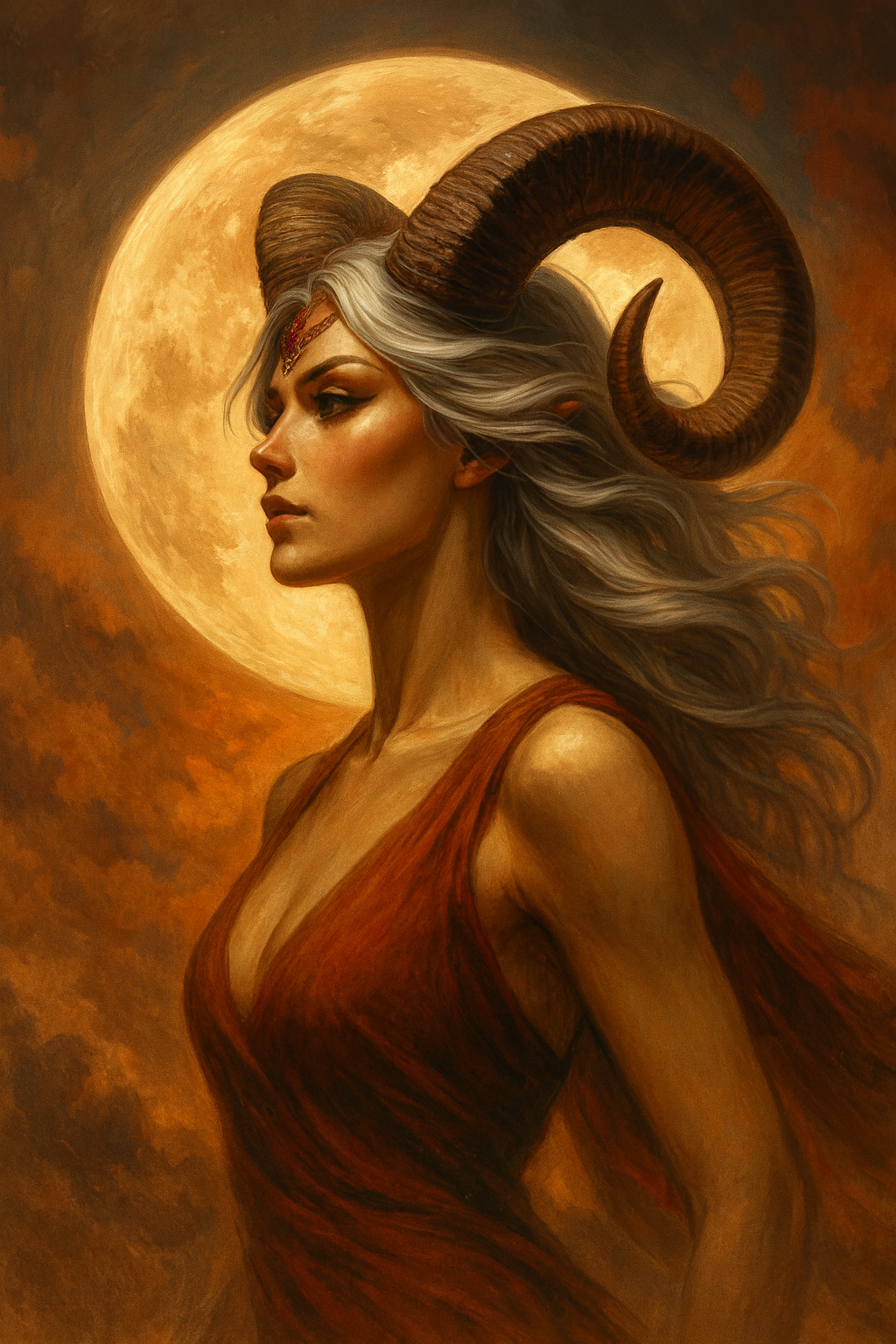 Žena ve znamení Berana s rohy, jdoucí vpřed v podzimní záři úplňku. Symbol odvahy, síly a ženské energie. A woman under the sign of Aries with horns, walking forward in the autumn glow of the full moon. A symbol of courage, strength, and feminine energy. Eine Frau im Zeichen des Widders mit Hörnern, die im Herbstglanz des Vollmonds voranschreitet. Ein Symbol für Mut, Kraft und weibliche Energie.