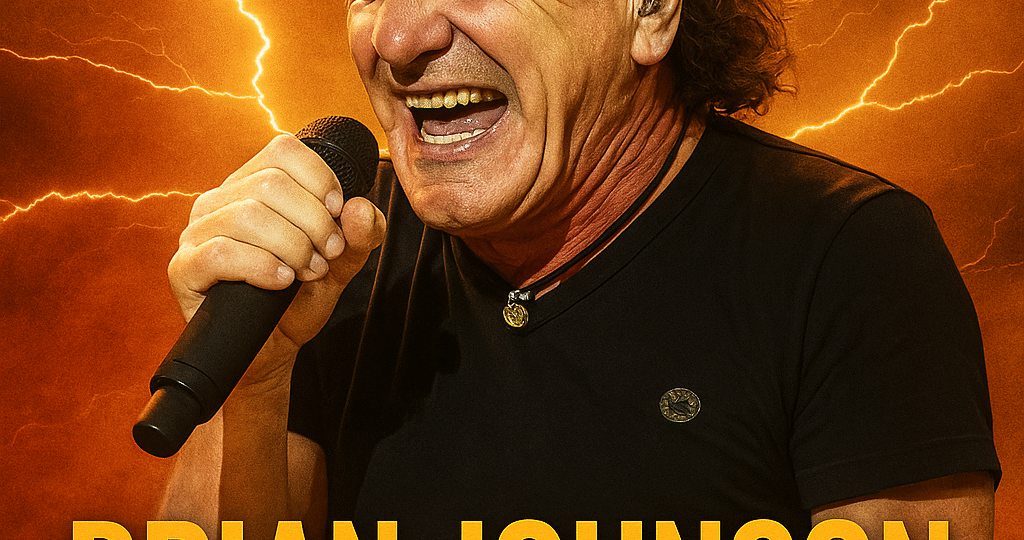 Brian Johnson, zpěvák skupiny AC/DC, s mikrofonem a blesky v pozadí. Oslava jeho 77. narozenin v energické, rockové atmosféře s logem AC/DC. Brian Johnson, singer of AC/DC, with a microphone and flashes in the background. Celebration of his 77th birthday in an energetic rock atmosphere with the AC/DC logo.