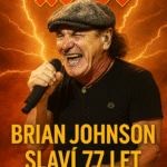 Brian Johnson, zpěvák skupiny AC/DC, s mikrofonem a blesky v pozadí. Oslava jeho 77. narozenin v energické, rockové atmosféře s logem AC/DC. Brian Johnson, singer of AC/DC, with a microphone and flashes in the background. Celebration of his 77th birthday in an energetic rock atmosphere with the AC/DC logo.